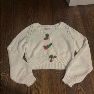 Womens White Cropped Knit Cardigan with Cherry Buttons